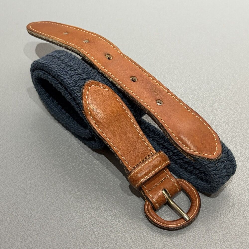 Orvis Braided Stretch 1” Slim Belt Blue Mens 38 Woven Brown Leather Trim Casual